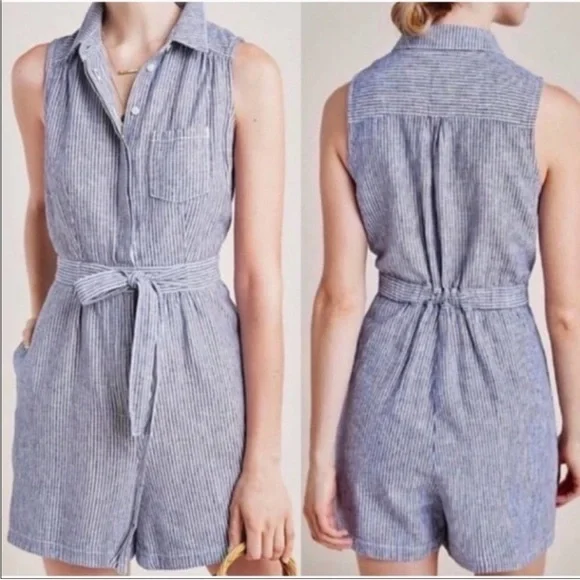 Anthropologie Blue White Striped Linen Blend Belted Romper - Picture 1 of 9